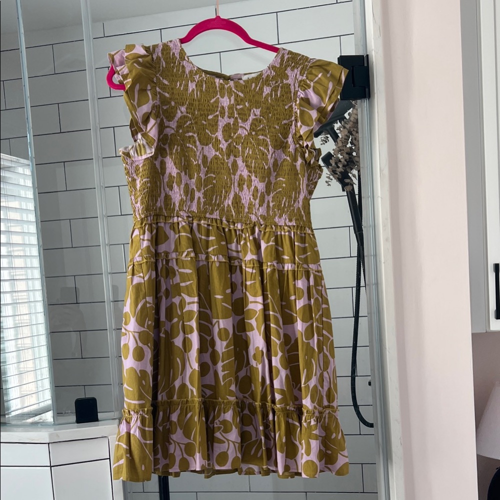 THML Smocked Dress in Olive and lavender with Ruffle sleeves and ruffle details